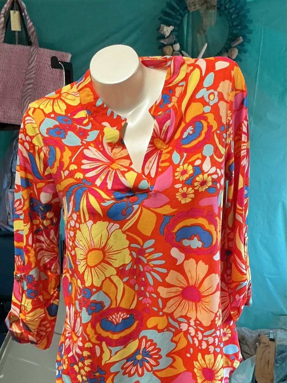 Bright Orange Floral V-Neck Blouse - Colorful Spring Print XL